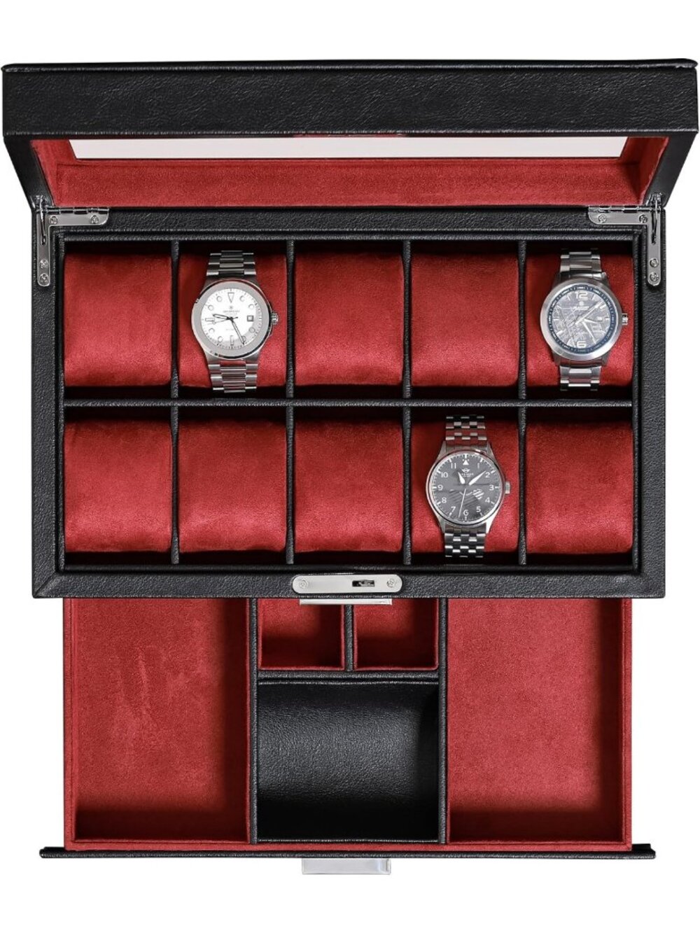 Luxury 10-Slot Leather Watch Box Organizer with Valet Drawer & Glass Top